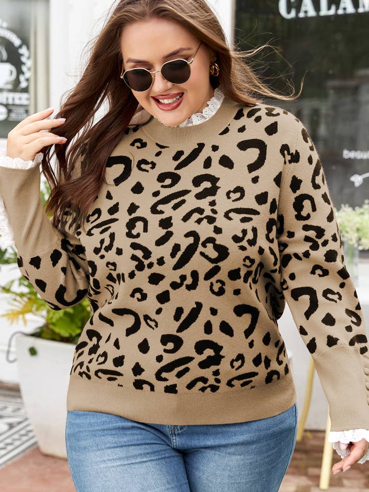 Brown LALALOO Plus Size Leopard Lace Trim Long Sleeve Sweater for wholesale on Faire3