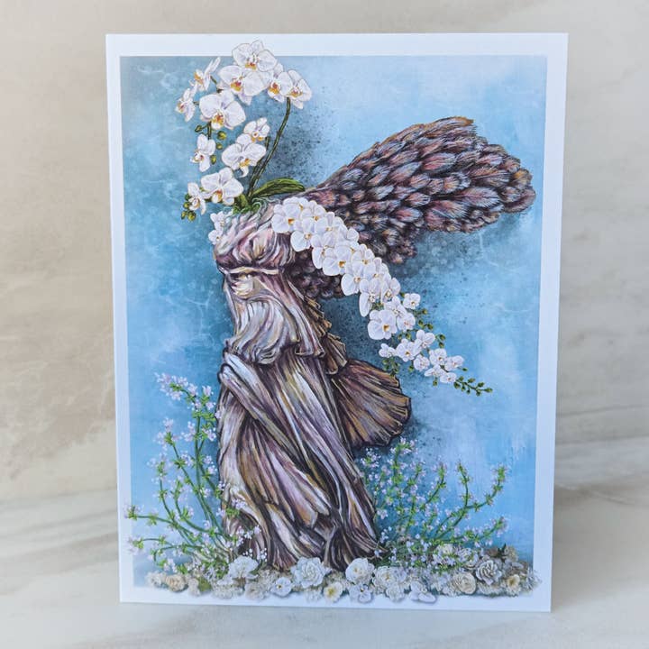 Winged Statue with White Orchids Greeting Card for wholesale by Scribblebard Illustrations