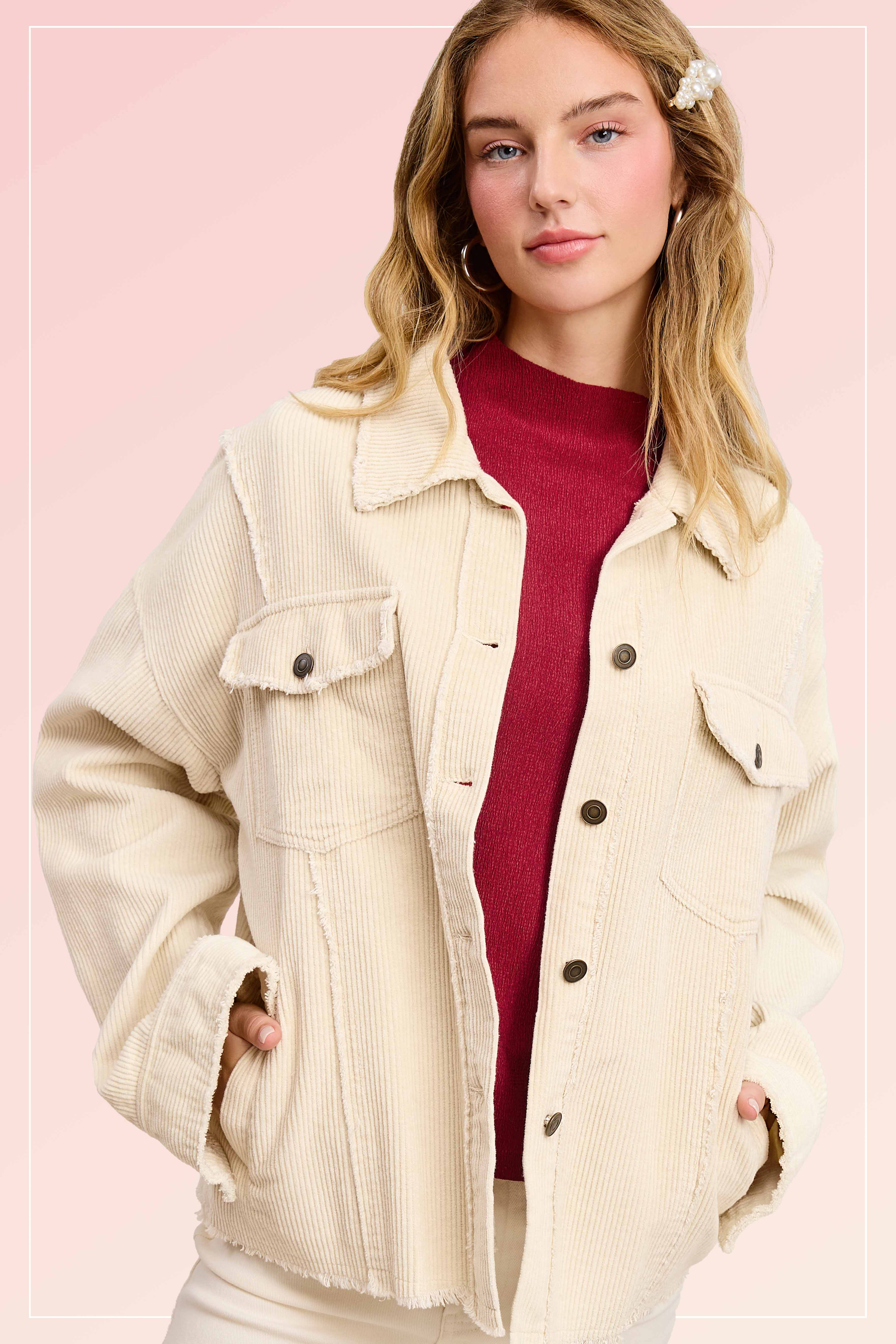 La Miel - Vente Veste – femme - Veste surdimensionnée en velours côtelé lavé avec boutons - JKT17825