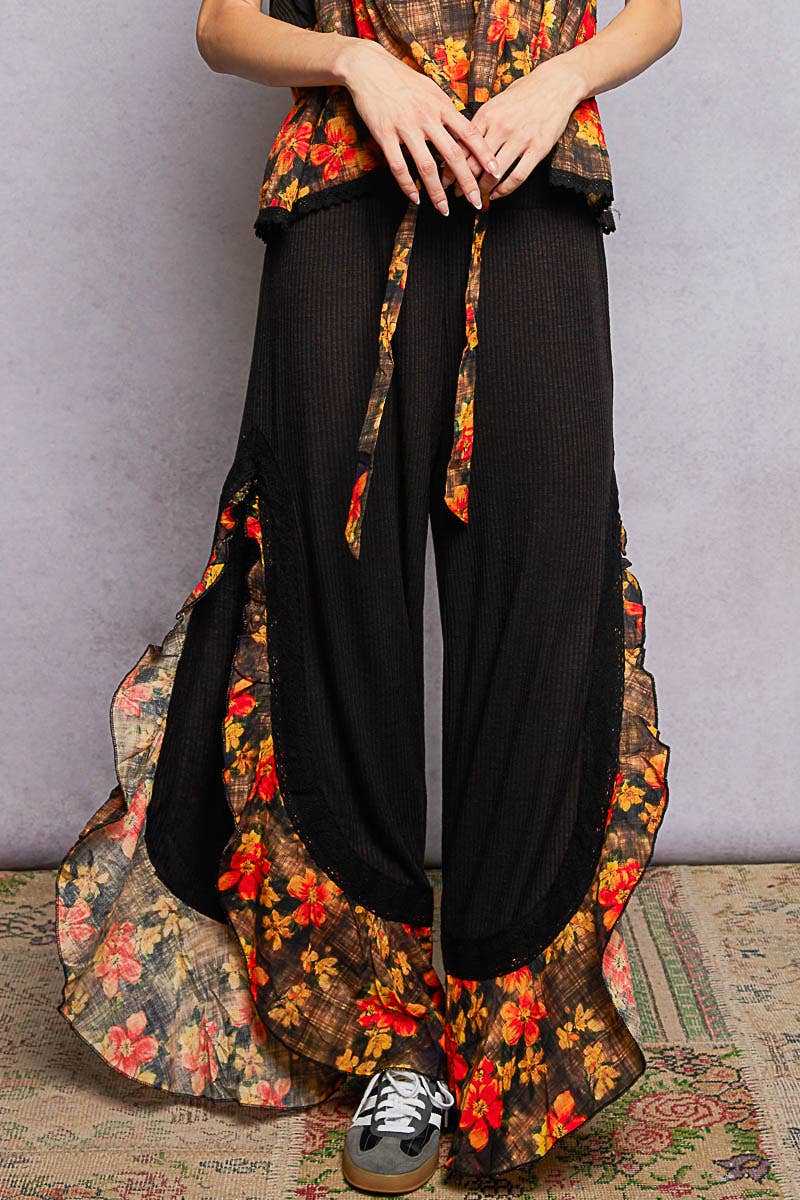 Pol Clothing - Wholesale Pants - Women's - Floral Pattern Ruffle Detail Ribbed Knit Pants7