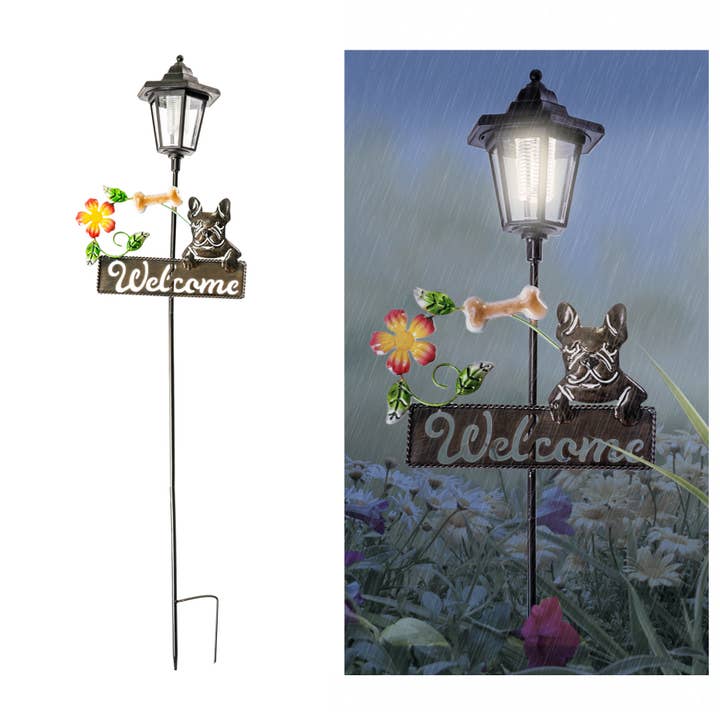 French Bulldog Welcome Sign Solar Garden Stake for wholesale by Forever Gifts Inc.