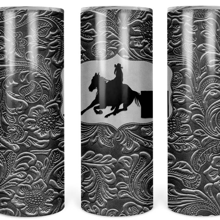 Barrel Racing Tooled Leather 20oz Sublimation Tumbler for wholesale by Twisted T Creations