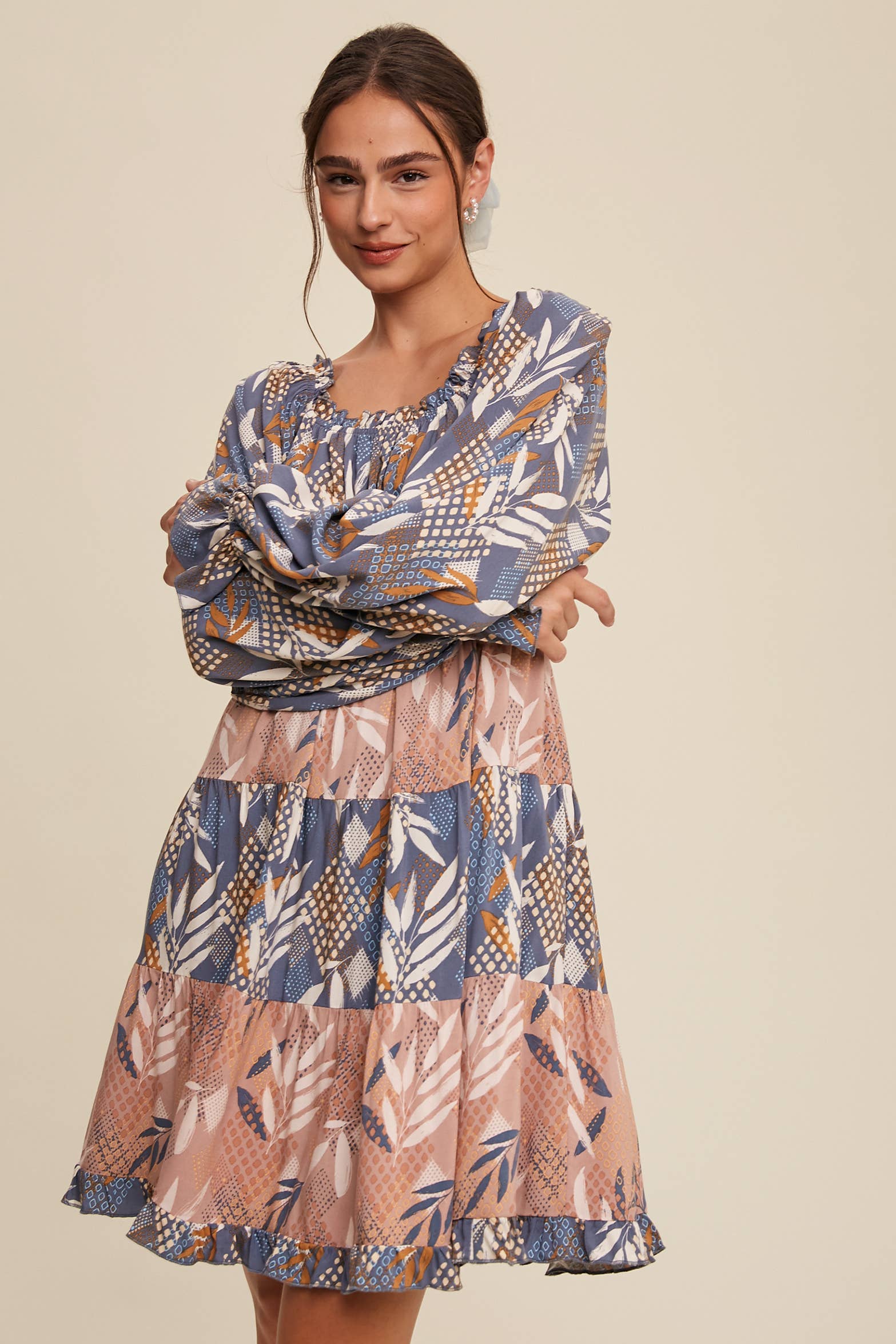 Listicle - Wholesale Dress - Women's - Patchwork Puff-Sleeve Tiered Mini Dress16