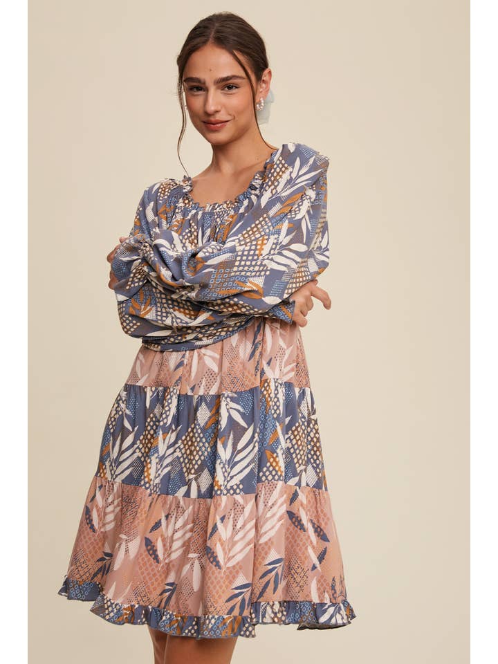 Listicle - Wholesale Dress - Women's - Patchwork Puff-Sleeve Tiered Mini Dress16