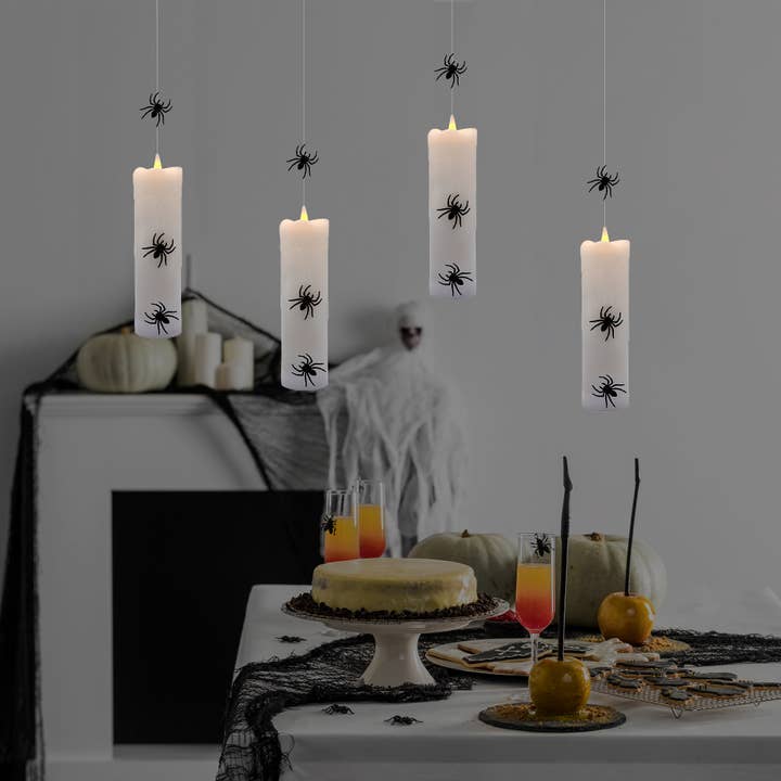 Battery Operated Hanging Pillar Candles with Spiders (4ct) for wholesale by LumaBase