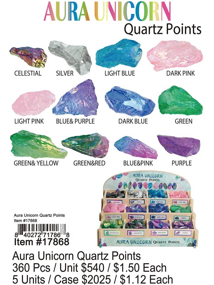 Aura Unicorn Quartz Points 360 Pcs. for wholesale by Puka Creations