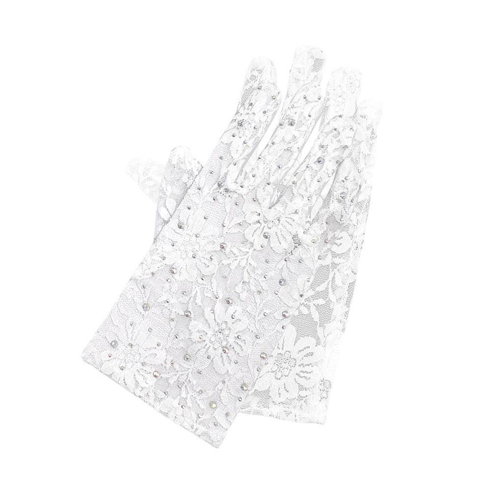 White Stone Embellished Floral Lace Dressy Wedding Gloves for wholesale on Faire1