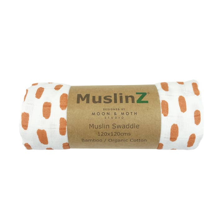 MuslinZ fascia avvolgente in mussola di bambù e cotone biologico - motivo macchie rame per la vendita all'ingrosso da parte di Muslinz - MerryGoRoundUK Ltd