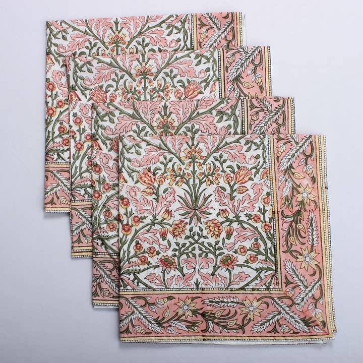 Border Napkins, Sassy and Salmon Pink Indian Cotton Napkins for wholesale by Fabricrush