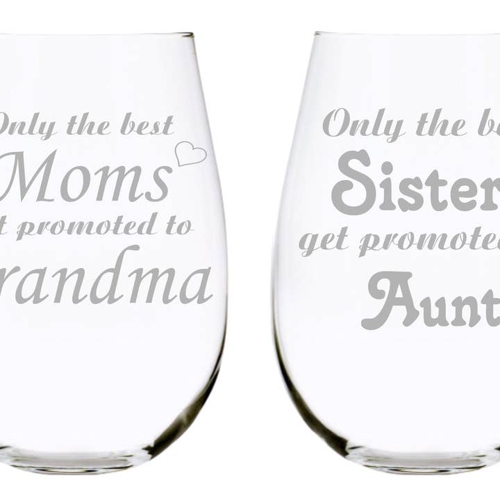 Family promoted stemless wine glass (set of 4), choose your title, 17 oz. Lead Free Crystal for wholesale by C&M Personal Gifts