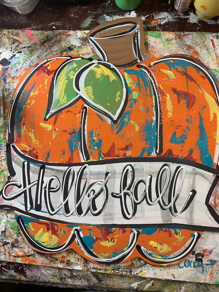 Hello Fall personalized colorful pumpkin, door hanger, 18” for wholesale by Sunflower Soul Art