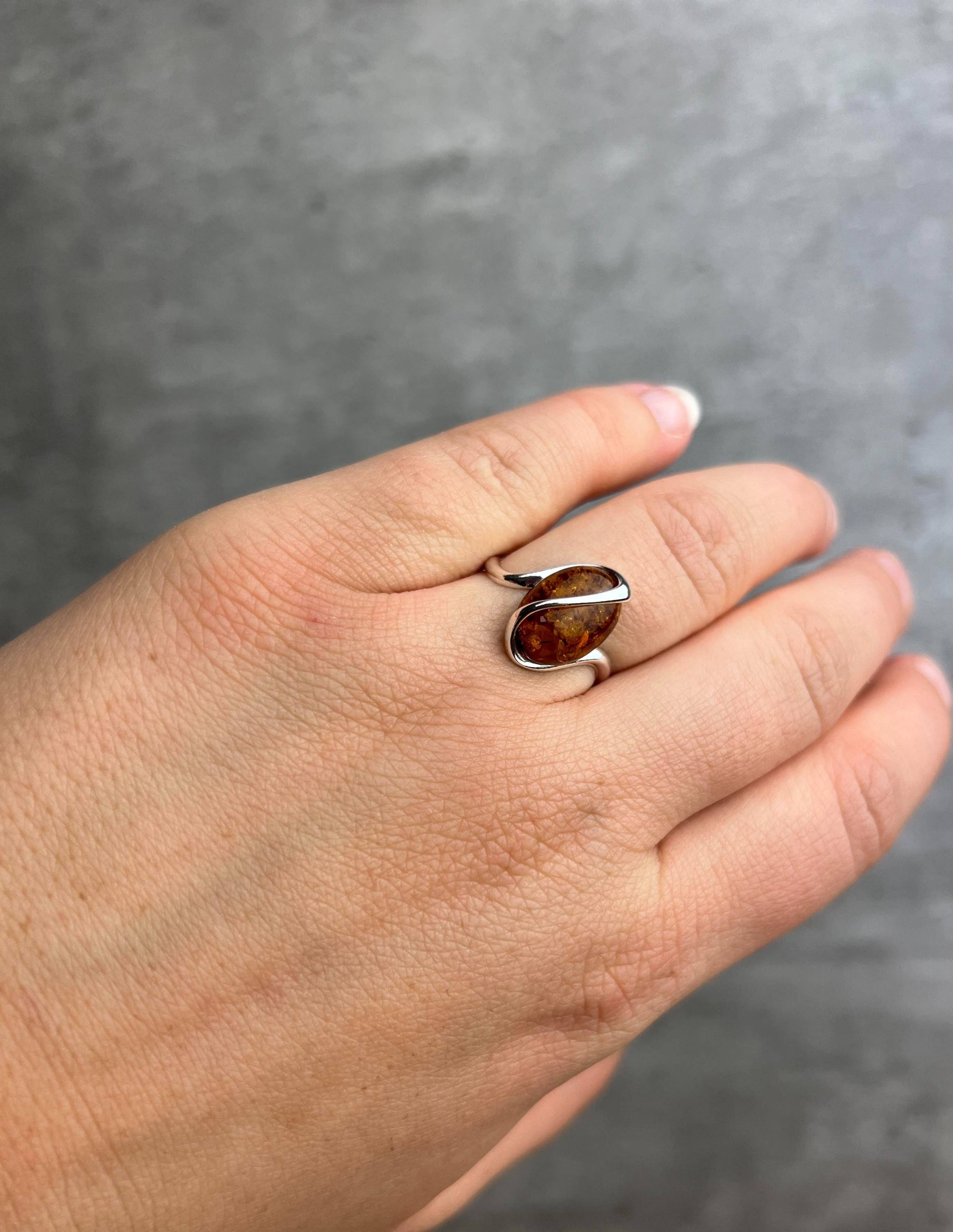 SilverAmber Jewellery – Anel de pedra única/solitário por atacado – Anel ajustável 925 Prata de Lei & Ámbar Báltico Moderno - GL4771