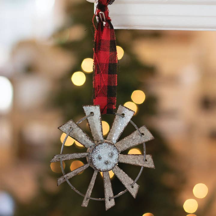 Col House Designs - Wholesale Ornament - Glittered Windmill Ornament w/ Buffalo Check Hanger