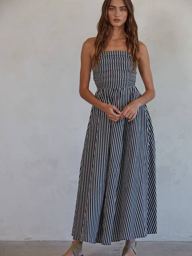By Together – Engroshandel Kjole - Dame – L6998 | Strimmeløs Flare Maxikjole med Stribet Rørhals7