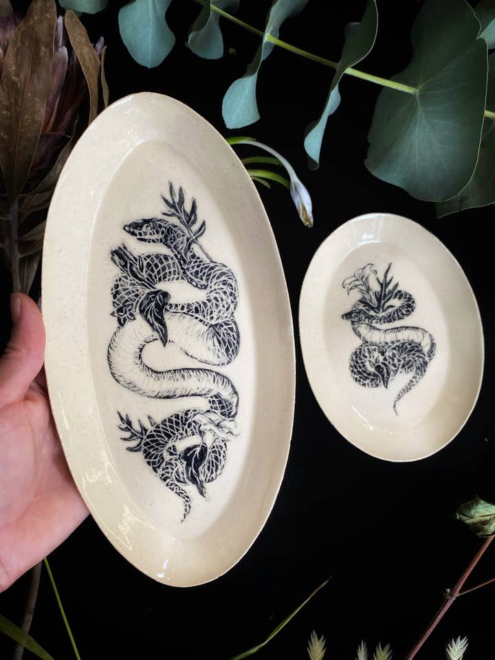 Black Sgraffito Snake and Poison Plant Ceramic Offering Plates for wholesale by Keven Craft Rituals LLC