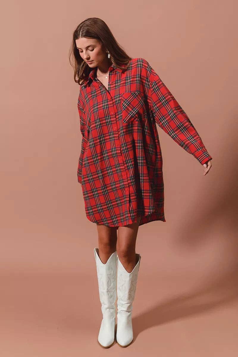 RED MULTI SO ME Christmas Checker Plaid Button Up Shirt Dress for wholesale on Faire6