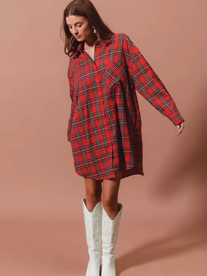 RED MULTI SO ME Christmas Checker Plaid Button Up Shirt Dress for wholesale on Faire6