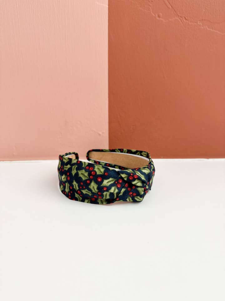 Navy & Green Holly Christmas Top Knot Headband for wholesale by Little Sunshines Bow & Co
