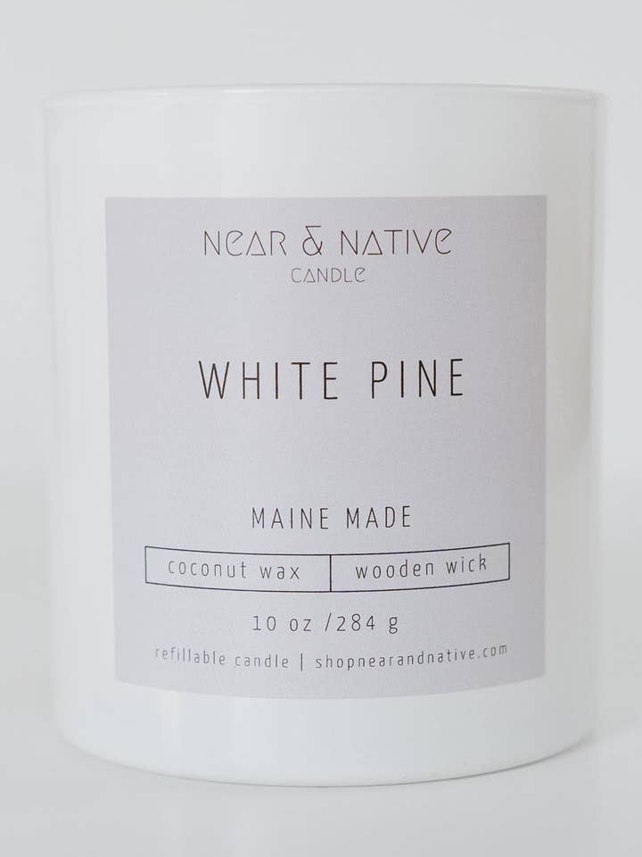 10 oz Refillable White Pine Wood Wick Candle for wholesale by Near & Native Candles