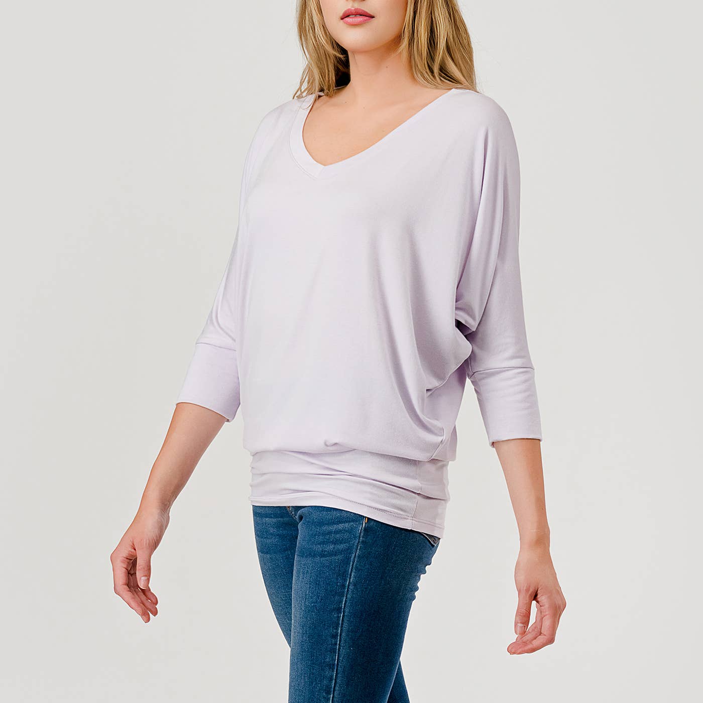 Heimious - Wholesale Knit Top - Women's - 3/4 Dolman Sleeve V-neck Modal Jersey Top, 257380