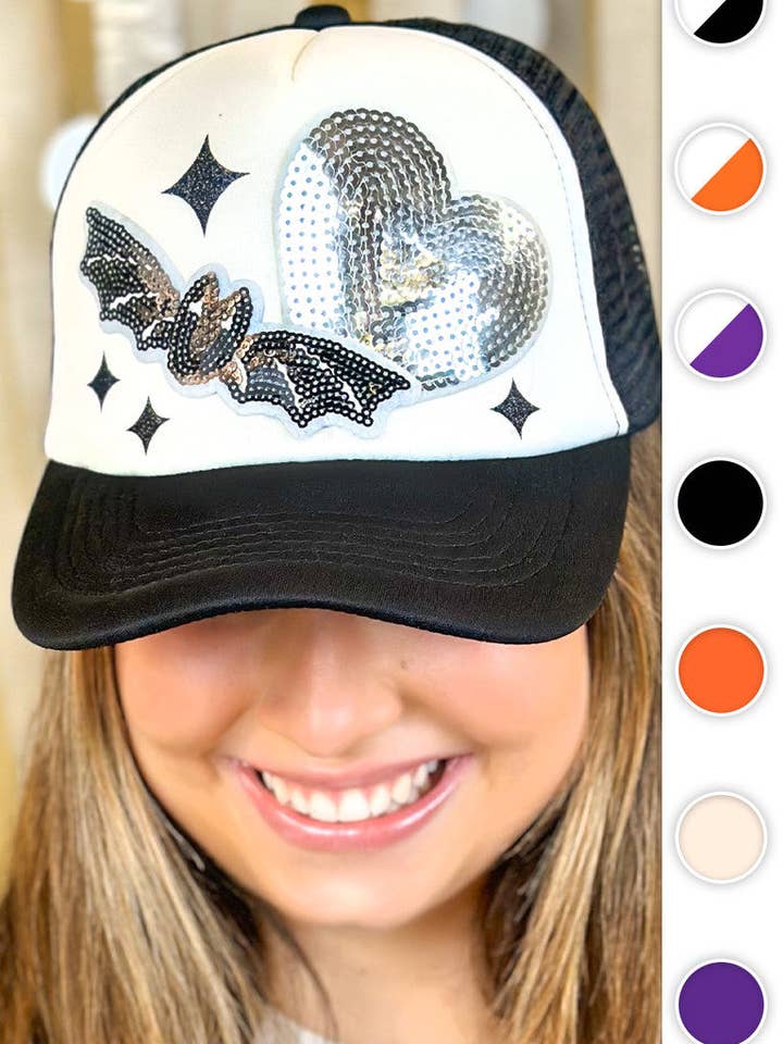 Bat Sequin Patch Trucker Hat for wholesale by Sugar Stitch