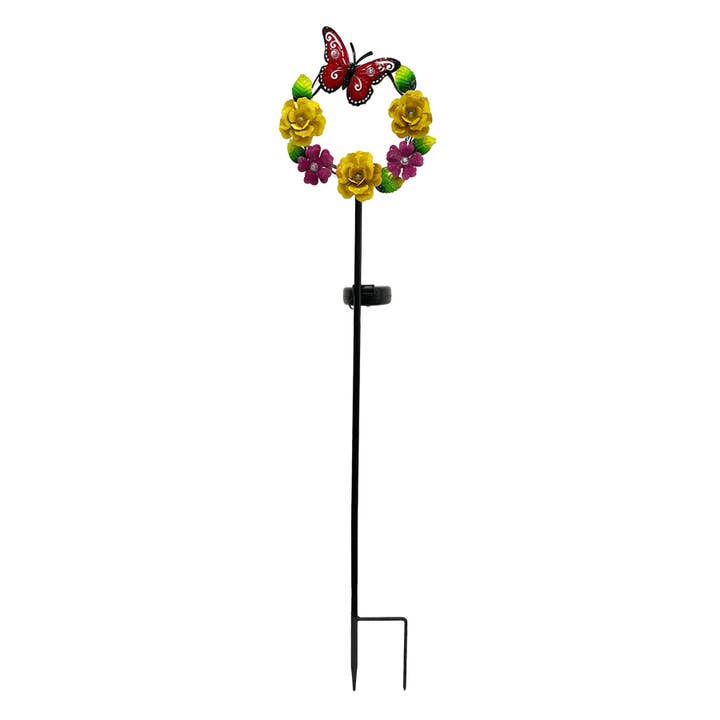 Butterfly & Flower Wreath Solar Garden Stake for wholesale by Forever Gifts Inc.