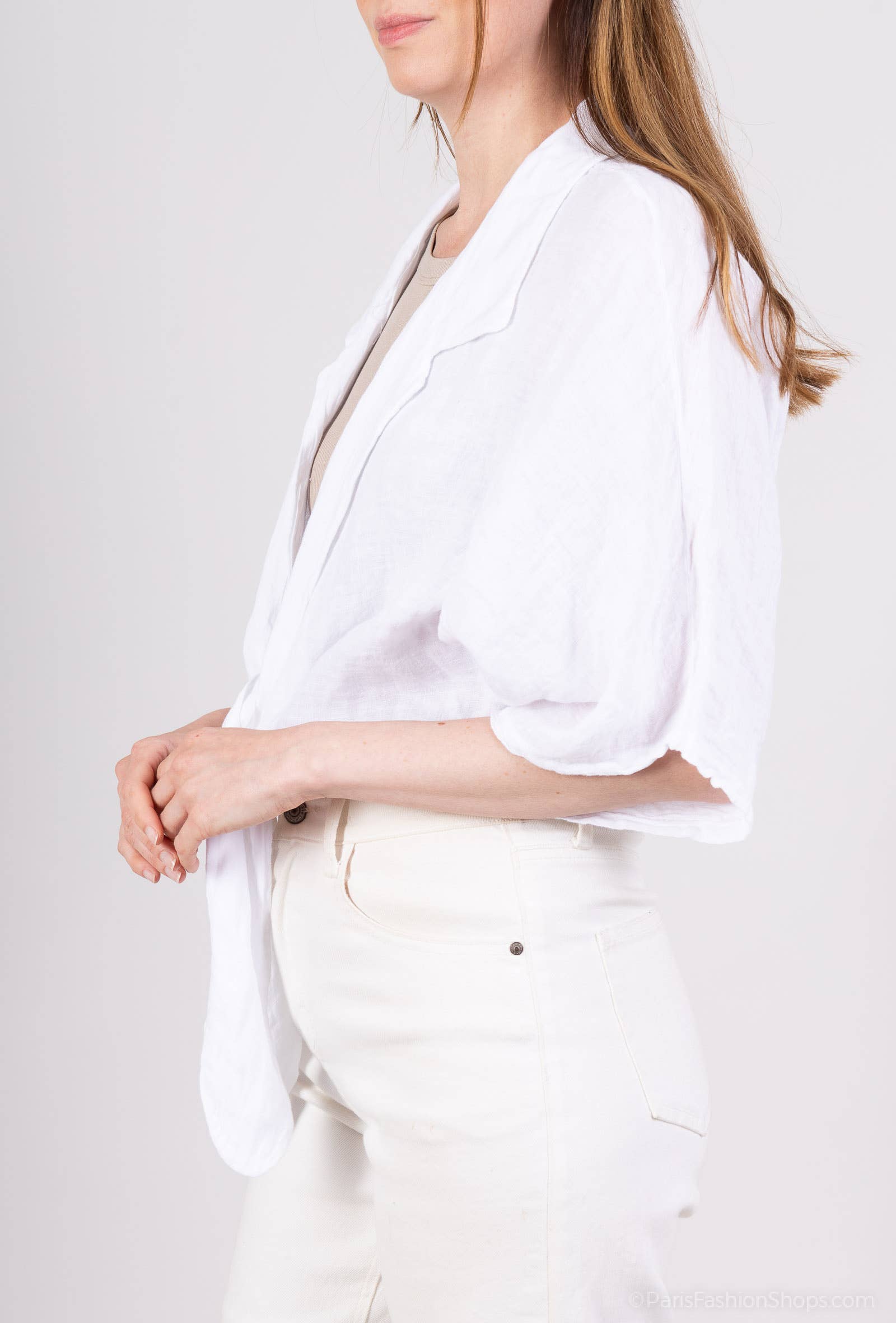 L'Emotion - Venta al por mayor Blusa - Mujer - Blusa corta de lino 100 % con mangas 3/4 y nudo3