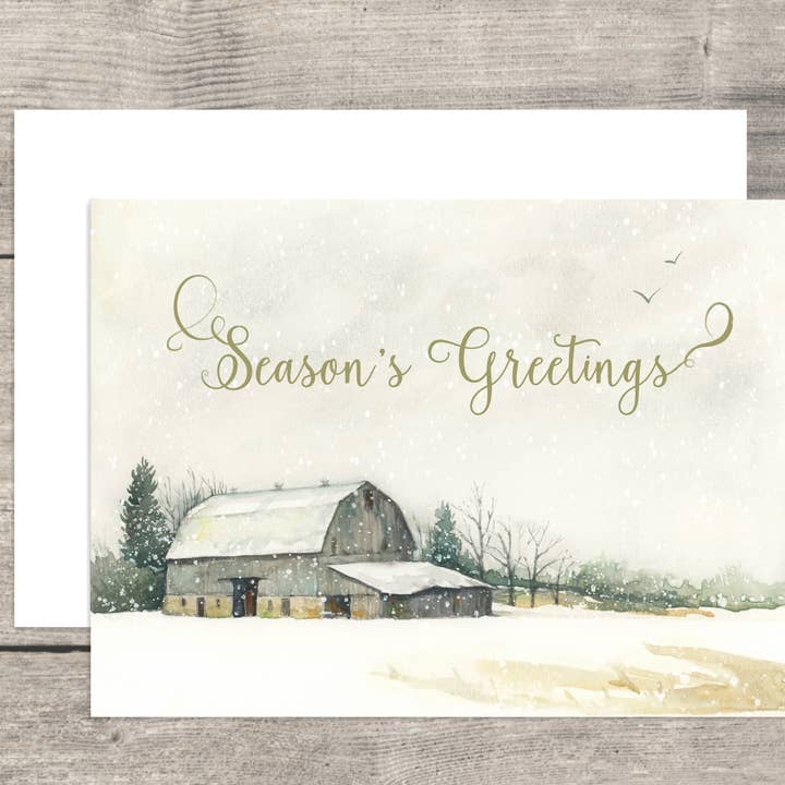 Winterliche Grüße Scheune im Schnee für den Großhandel von Christy Obalek Illustration