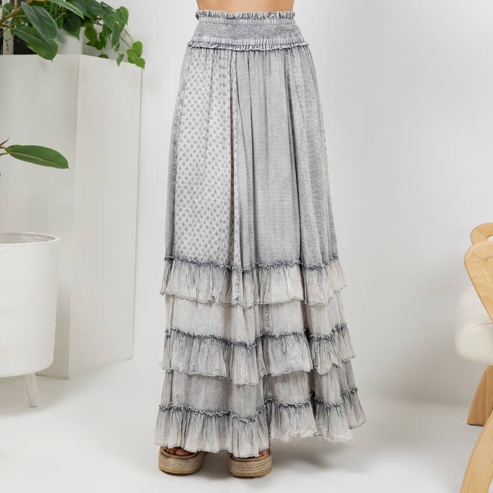 Rustic Textured Smocked Waist Ruffled Tiered Maxi Skirt for wholesale by Young Threads