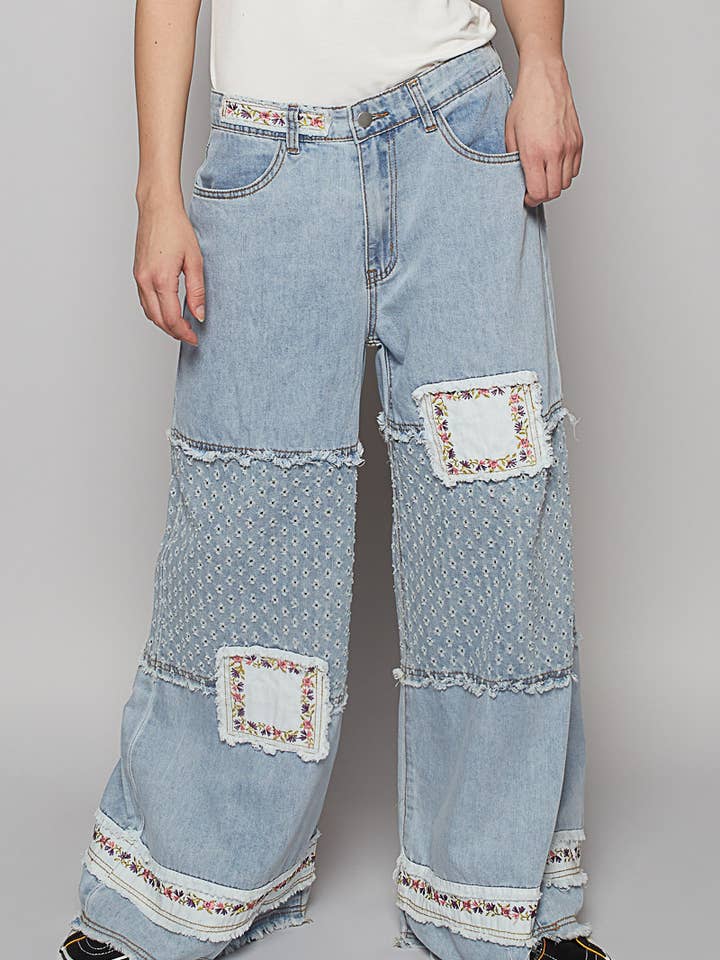 Vintage Washed Floral Patch Straight Pants for wholesale by Pol Clothing