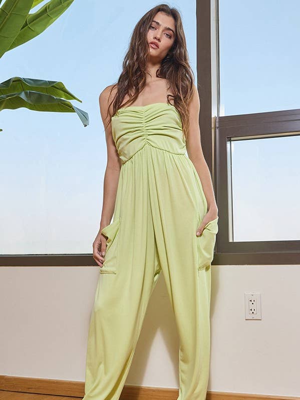 R5290A Strapless Ruched Drop Crotch Jogger Jumpsuit for wholesale by BUCKETLIST INC