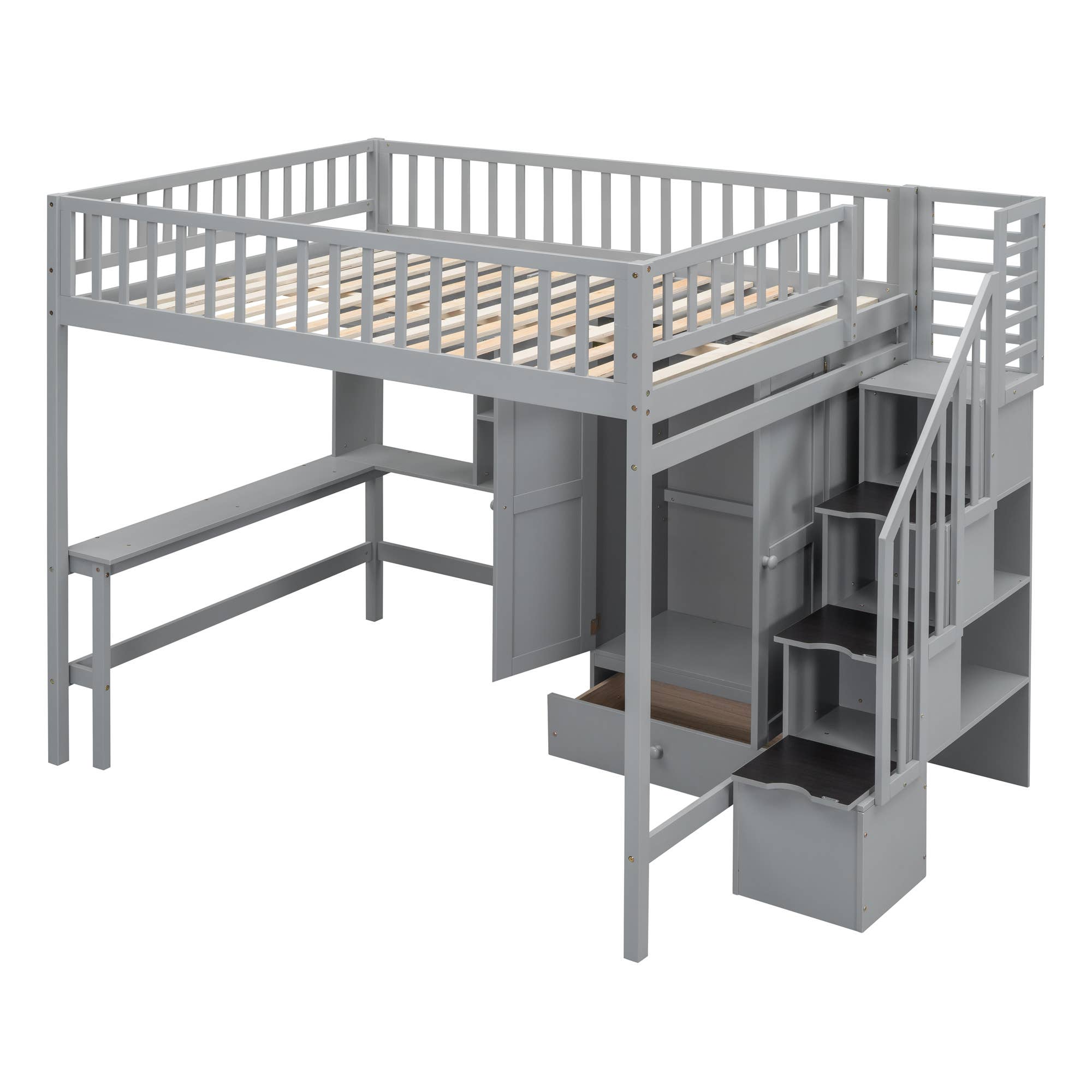 Gray Full size Loft Bed with Bookshelf, Drawers, Desk for wholesale on Faire7