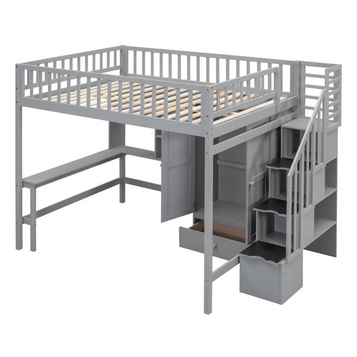 Gray Full size Loft Bed with Bookshelf, Drawers, Desk for wholesale on Faire7