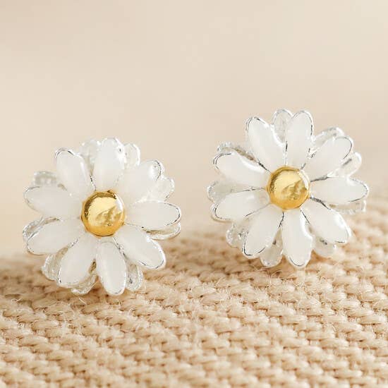 White Enamel Daisy Stud earrings with Gold Middle for wholesale by Lisa Angel