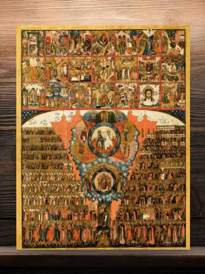 Synaxis of All Saints with Gospel Feasts Orthodox Wooden Icon for wholesale by Iconsofsaints