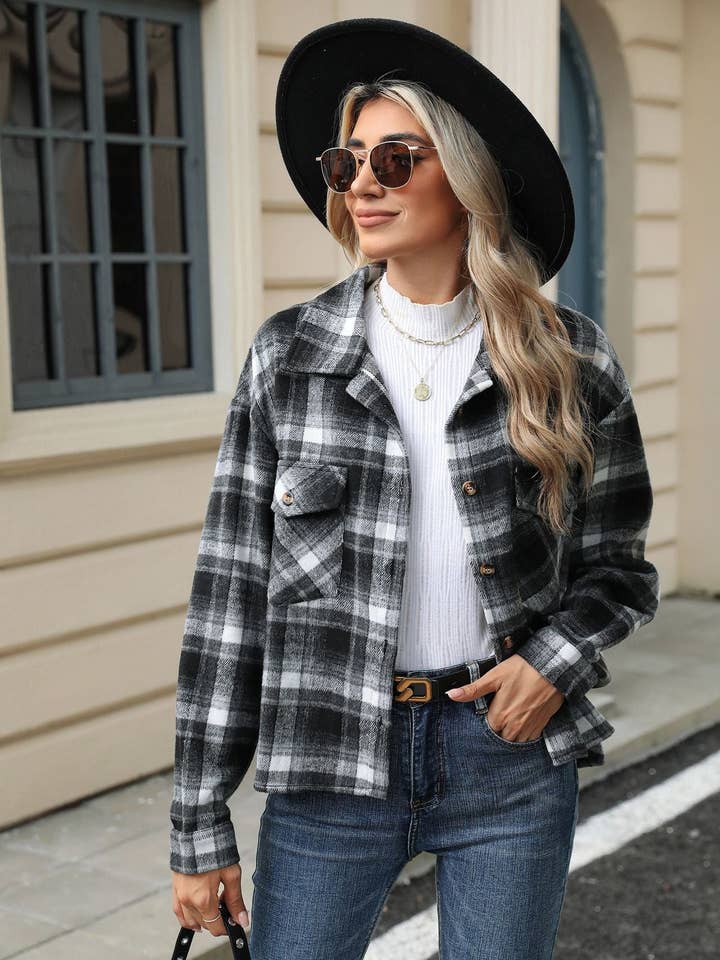 Lovesoft - Wholesale Shirt Jacket/Shacket - Women's - Long Sleeve Loose Pocket Plaid Top Wool Jacket