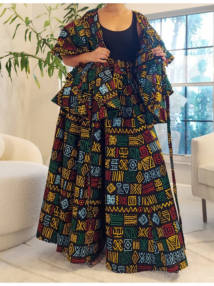 India Batik – Großhandel Set aus Oberteil und Hose (NICHT Loungewear) – Damen – Palazzo Hosen- und Wickelbluse - Schwarz/Rasta