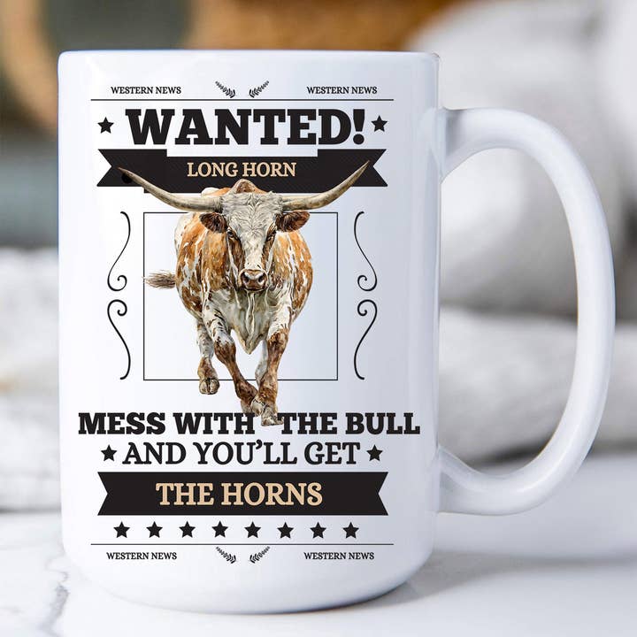 Wanted Texas Longhorn Western Coffee Mug for wholesale by Avery Lane Gifts