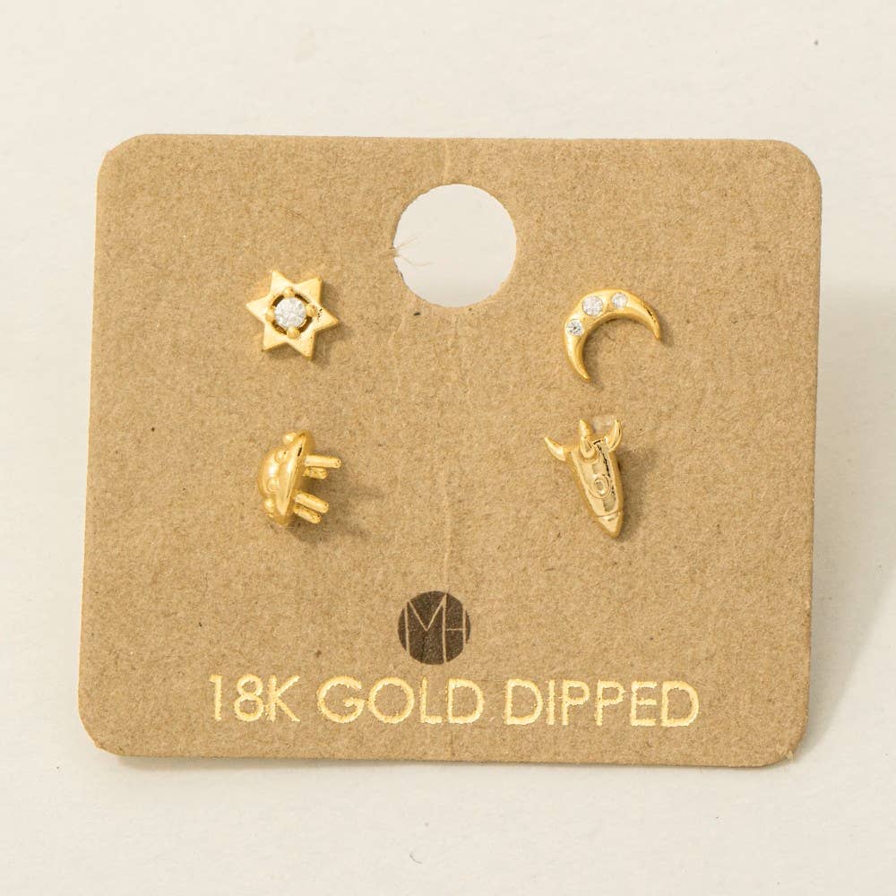 Fame Accessories - Wholesale Stud/Post Earrings - Gold Dipped Space Themed Stud Earrings Set1