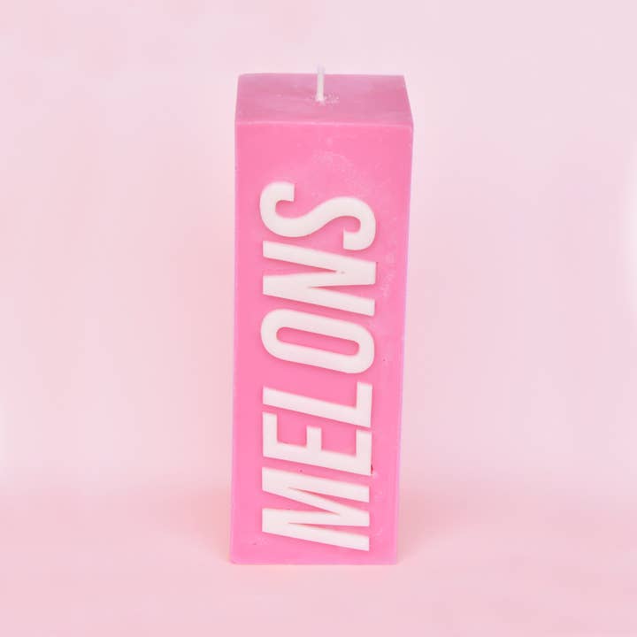 Flamingo Candles – wholesale Pillar candle – Pink Ribbon MELONS Slogan Block Pillar Candle