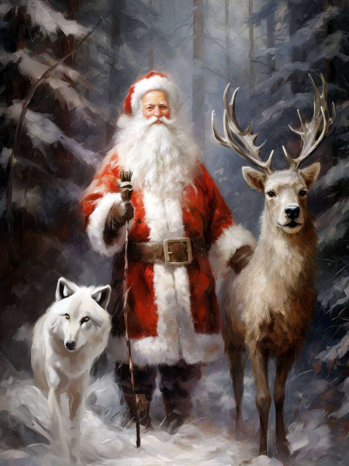 Classic Christmas Santa in the Snow 2 for wholesale by Singing Crow Studio - Classic Christmas Art Prints