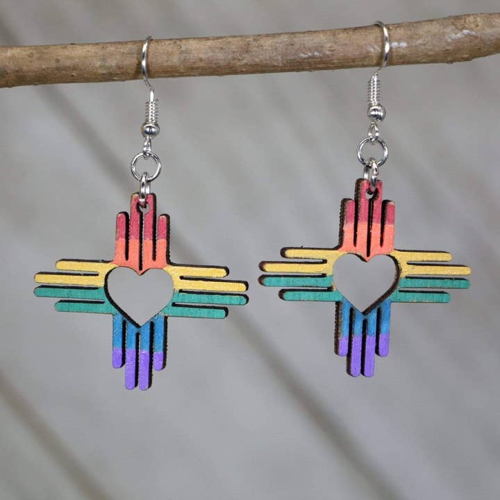 LGBTQIA+ Rainbow Zia Heart Wooden Dangle Earrings for wholesale by Cates Concepts