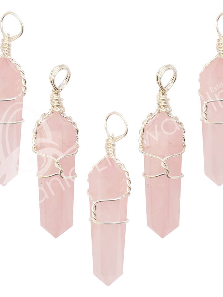(PK 5)PENDANT - WIRE WRAP ROSE QUARTZ (PK 5) 1.5-1.75" for wholesale by Oceanic Linkways Inc