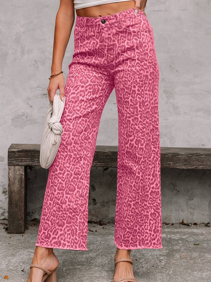 LAS Leopard Frayed Edge Wide Leg High Waist Jeans (4-16) for wholesale by LA Society