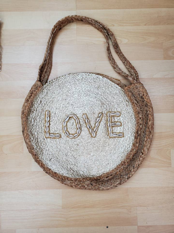 Love Embellished Jute Hand-Woven Tote for wholesale by Ranee's Accessories