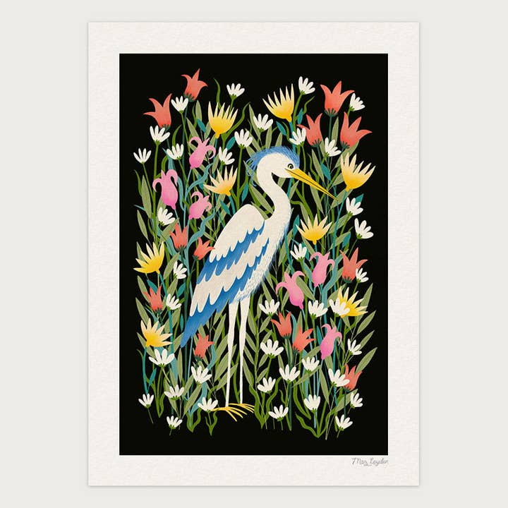 Heron Bird Art Print – Colourful Wildlife Wall Art for wholesale by Maz Leyden