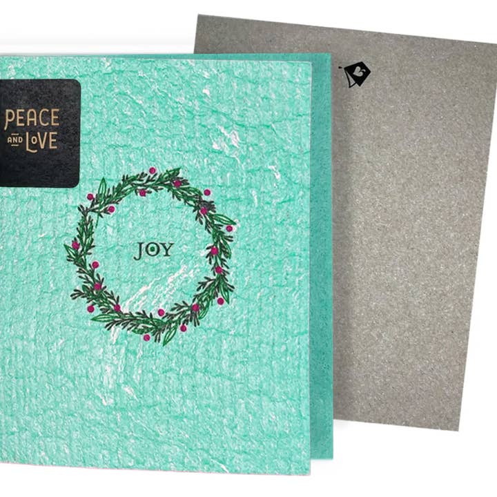 Joy Holiday Wreath Clard—Greetings that Clean Up for wholesale by Soak iT Up Eco-friendly Greetings + Gifts