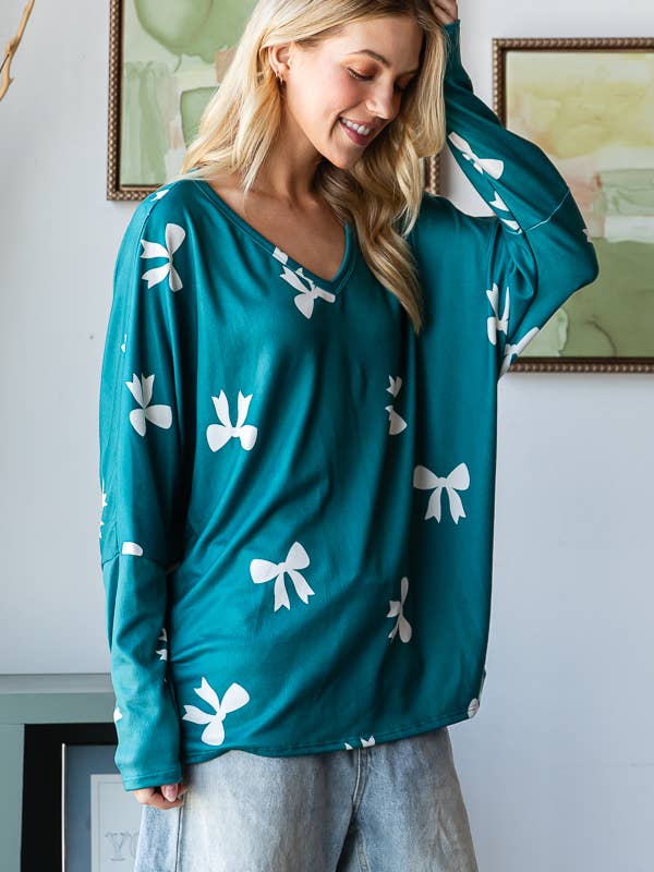 REMOVED BRAND - Wholesale Knit Top - Women's - Fall Bow Print V-Neck Long Sleeve Top in PLUS - HTP12471