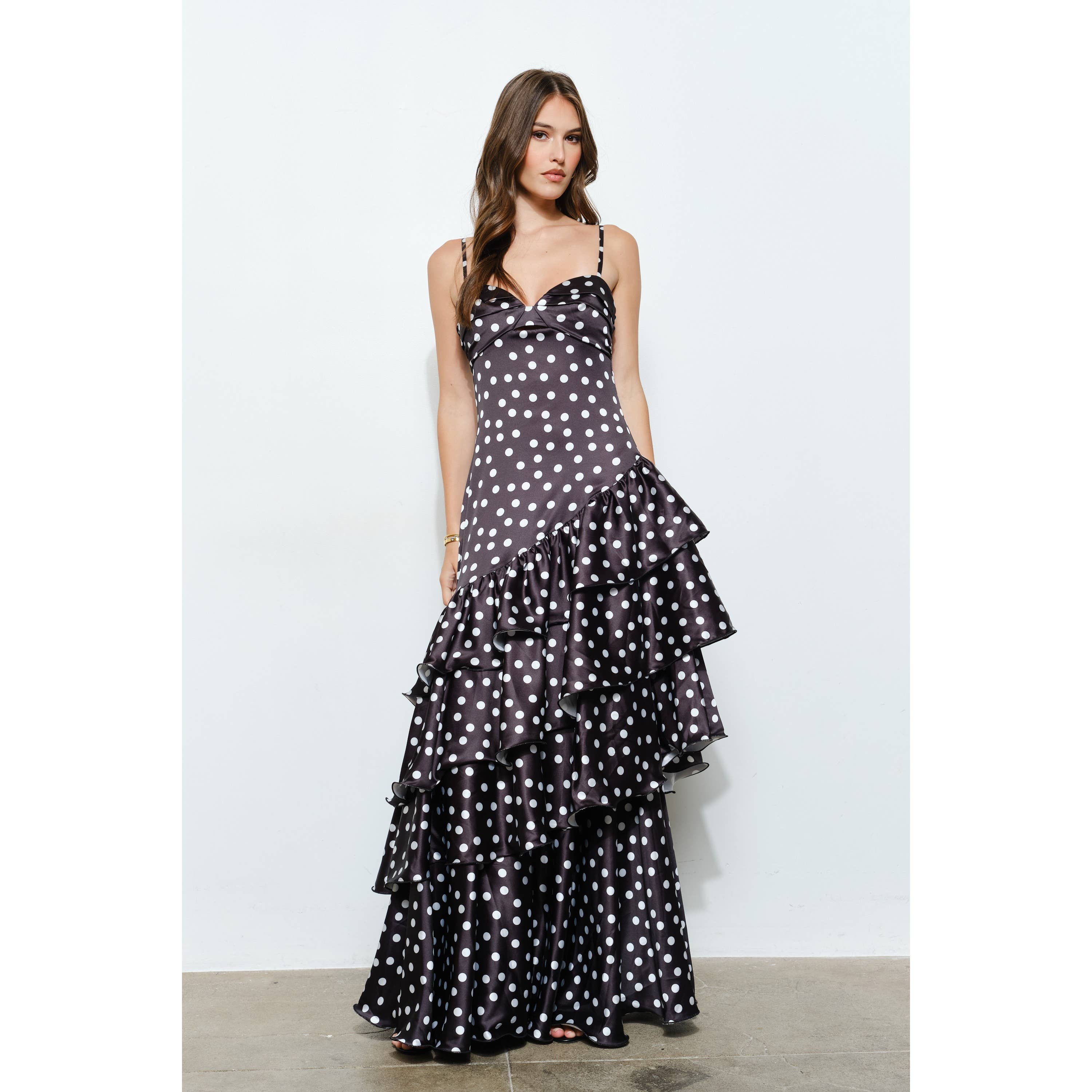 INA – wholesale Dress – Women's – Satin Polka Dot Tiered Ruffle Maxi Dress11
