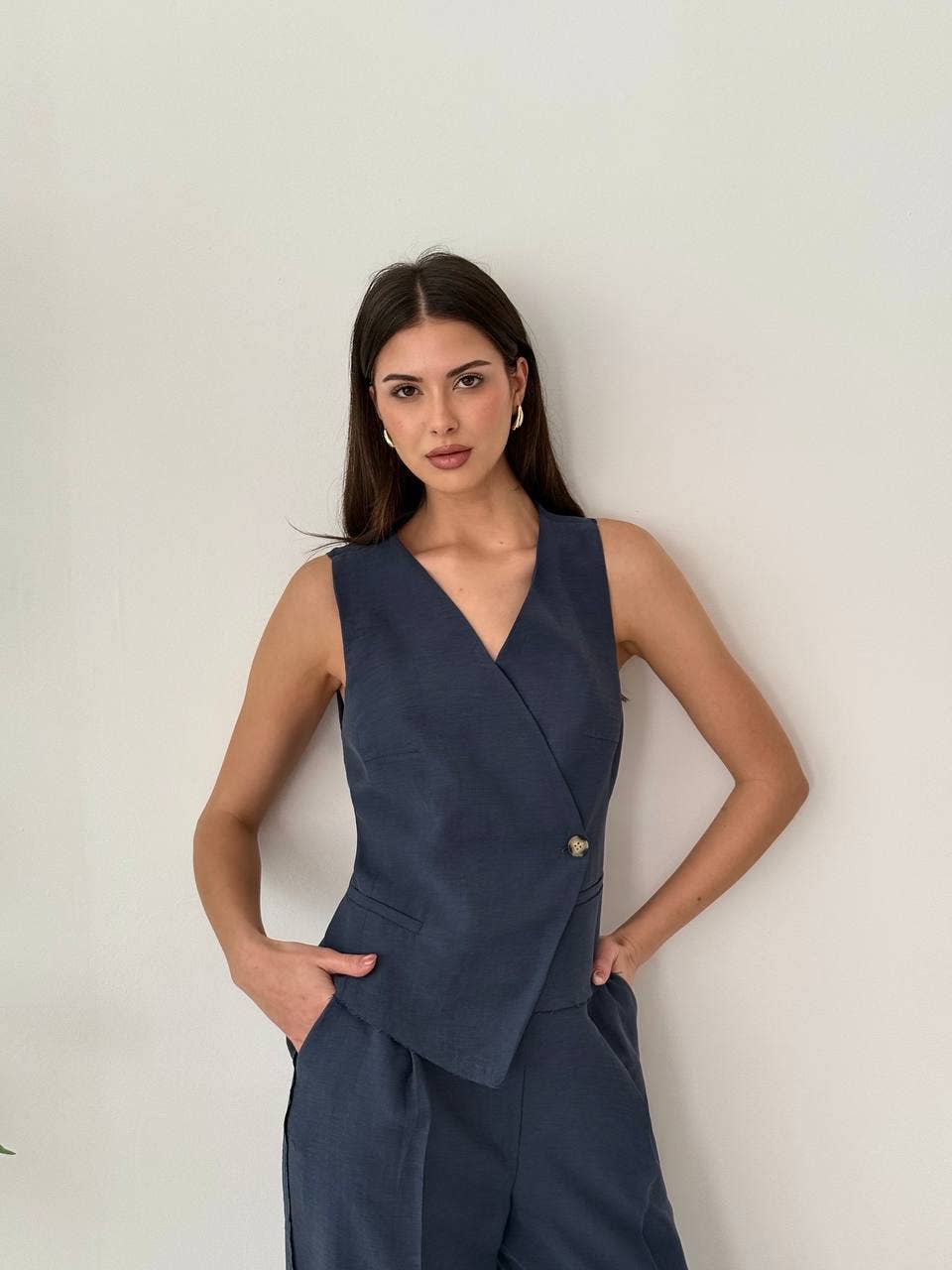 Design company-Fatma Balkir - Wholesale Suit Vest - Women's - Backless Tie-Up Vest and Pants Set – Linen Two Piece Outfi2